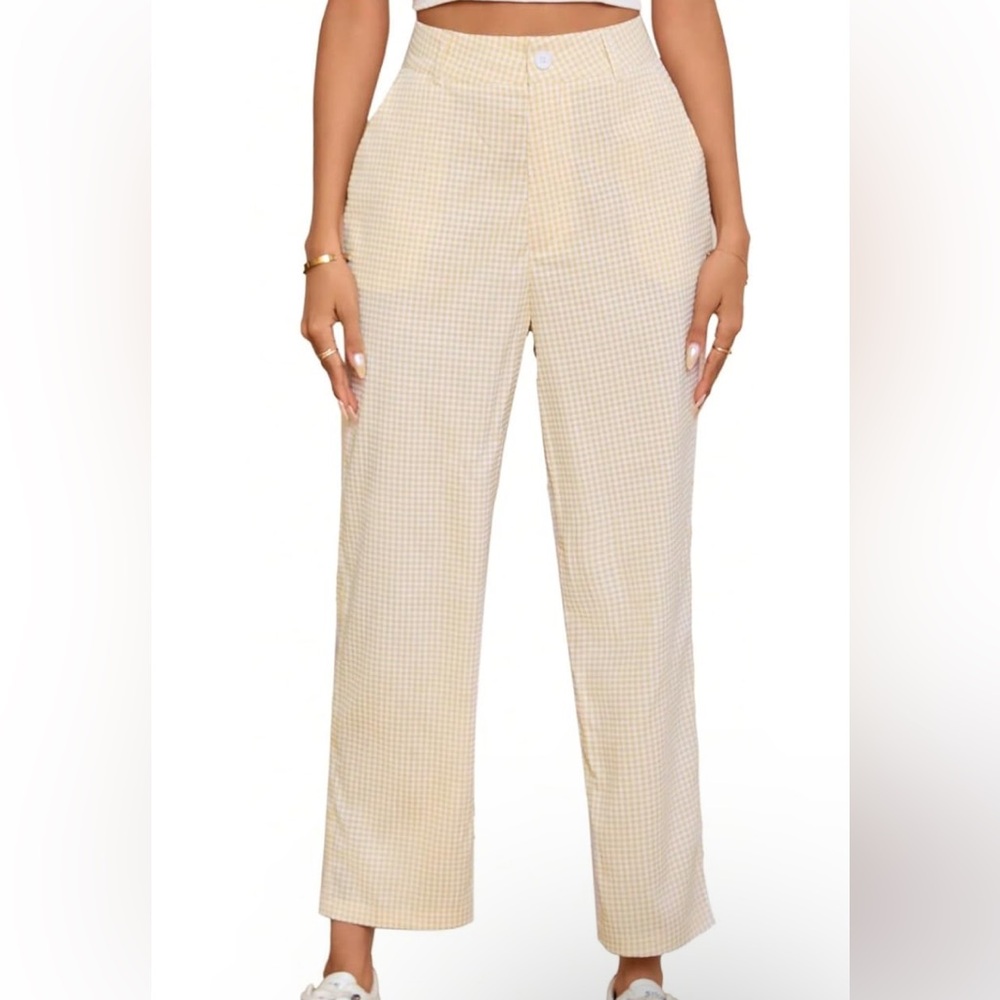 NWT No Label Size L Womens Plaid Khaki Straight Trousers